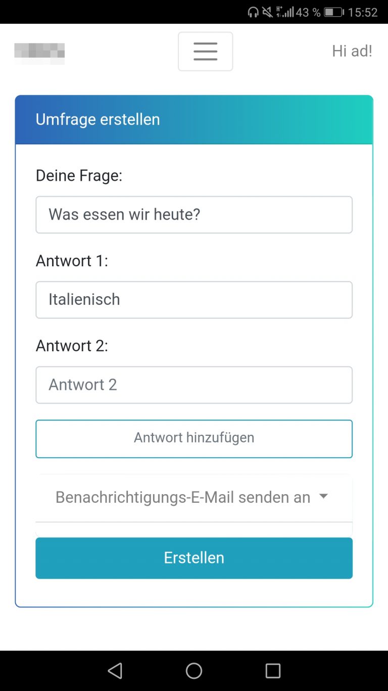 Screenshot Umfrage erstellen - Mobile Version