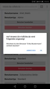 Screenshot Meldung: Benutzer löschen - Mobile Version