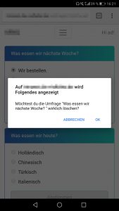 Screenshot Meldung: Umfrage löschen - Mobile Version
